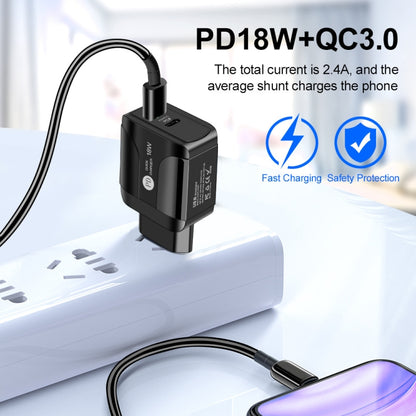 18W PD + QC 3.0 Fast Charge Travel Charger Power Adapter With LED Indication Function, EU Plug Bl...