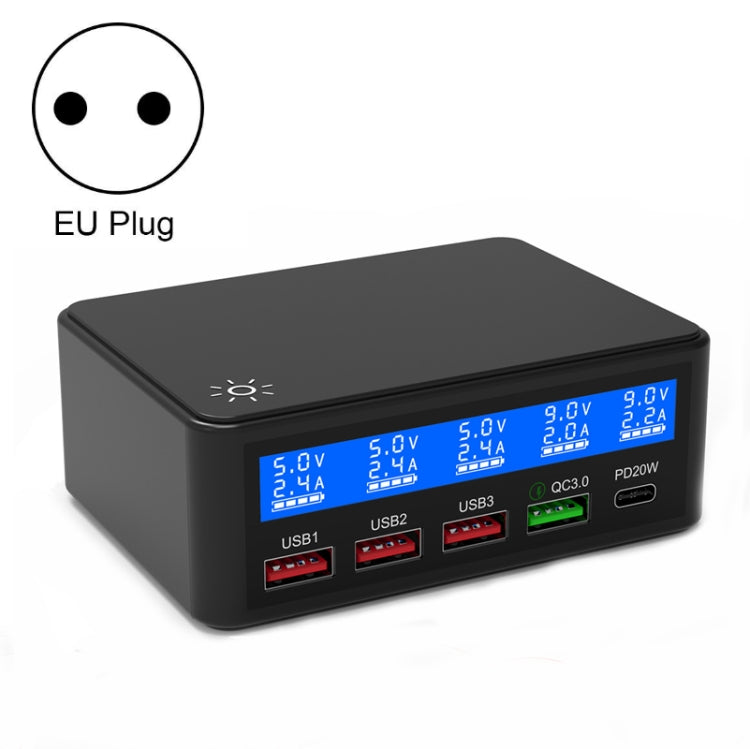618 QC3.0 + PD20W + 3 x USB Ports Charger with Smart LCD Display,, EU Plug (Black), US Plug  (Bla...