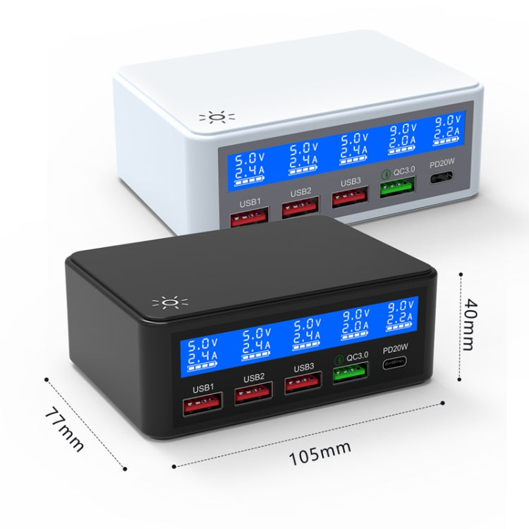 618 QC3.0 + PD20W + 3 x USB Ports Charger with Smart LCD Display,, EU Plug (Black), US Plug  (Bla...