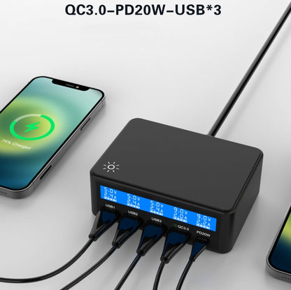 618 QC3.0 + PD20W + 3 x USB Ports Charger with Smart LCD Display,, EU Plug (Black), US Plug  (Bla...