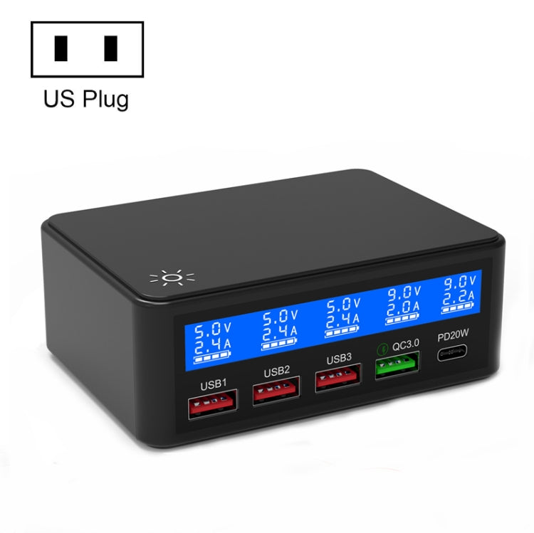 618 QC3.0 + PD20W + 3 x USB Ports Charger with Smart LCD Display,, EU Plug (Black), US Plug  (Bla...