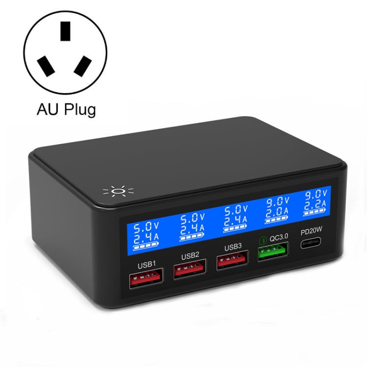 618 QC3.0 + PD20W + 3 x USB Ports Charger with Smart LCD Display,, EU Plug (Black), US Plug  (Bla...