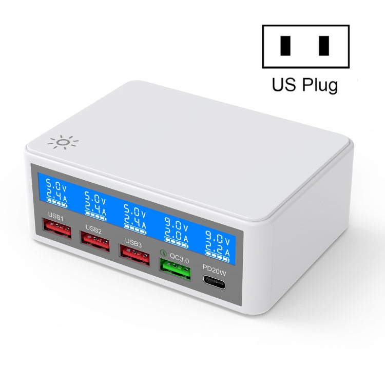 618 QC3.0 + PD20W + 3 x USB Ports Charger with Smart LCD Display,, EU Plug (Black), US Plug  (Bla...
