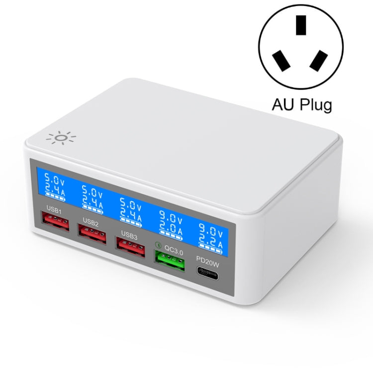 618 QC3.0 + PD20W + 3 x USB Ports Charger with Smart LCD Display,, EU Plug (Black), US Plug  (Bla...