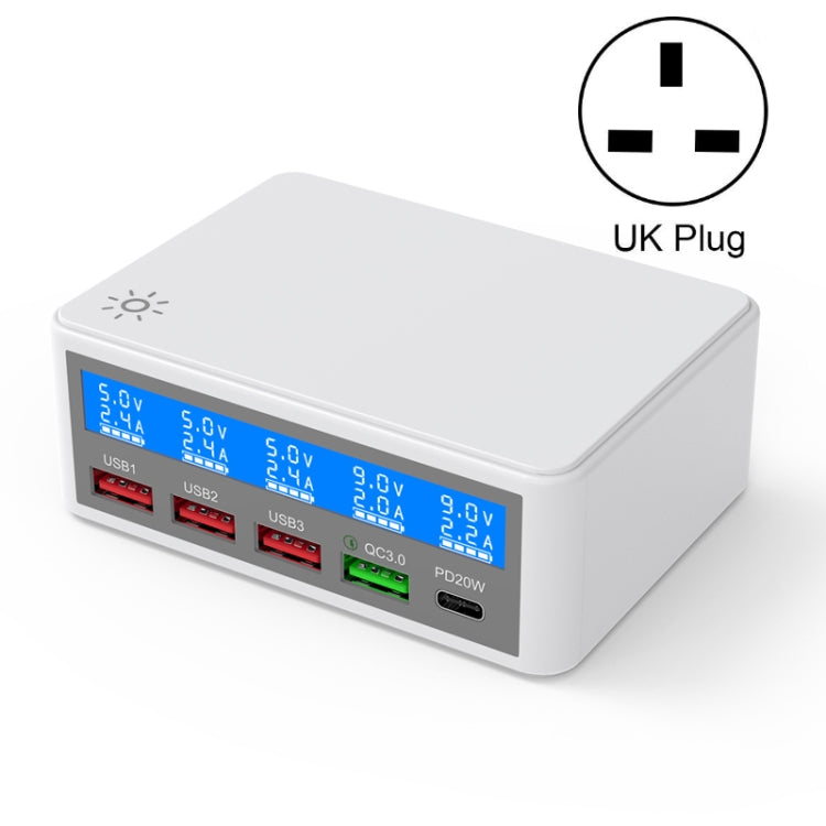618 QC3.0 + PD20W + 3 x USB Ports Charger with Smart LCD Display,, EU Plug (Black), US Plug  (Bla...