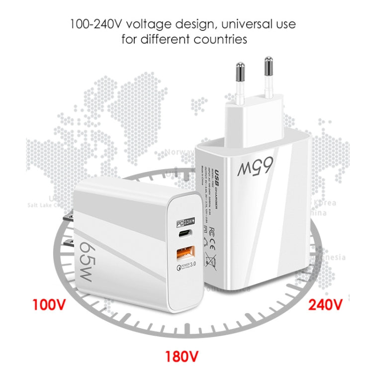 A502 65W USB-C/Type-C+USB Dual Port GaN Charger QC3.0 Laptop Universal Charger, EU Plug Black����...
