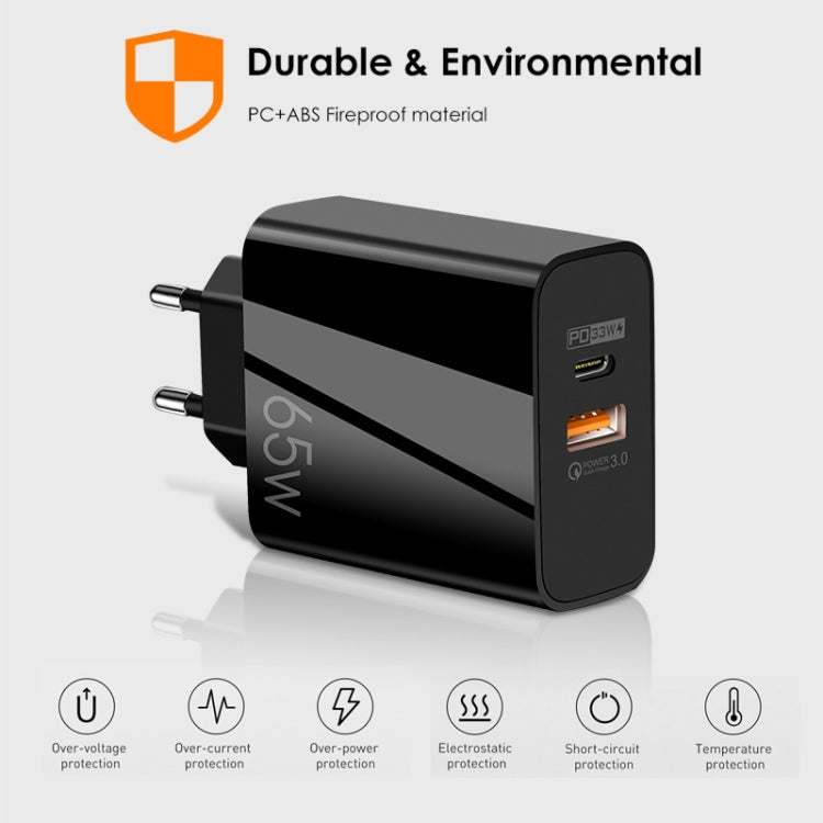 A502 65W USB-C/Type-C+USB Dual Port GaN Charger QC3.0 Laptop Universal Charger, EU Plug Black����...