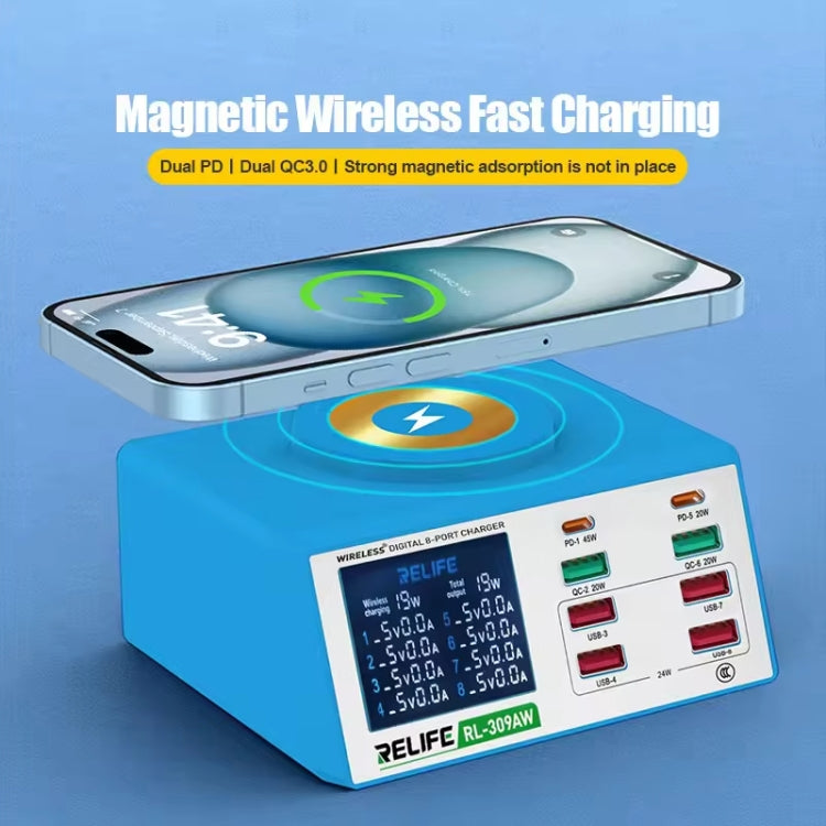 RELIFE RL-309AW  QC3.0 PD Fast Wireless Charger With LCD Display 8 Ports, RL-309AW  EU Plug������...
