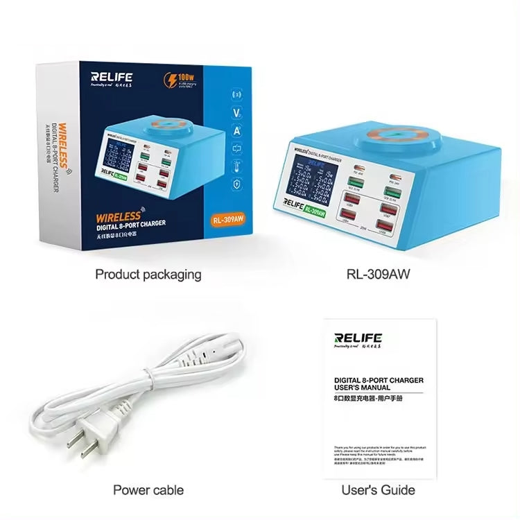 RELIFE RL-309AW  QC3.0 PD Fast Wireless Charger With LCD Display 8 Ports, RL-309AW  EU Plug������...