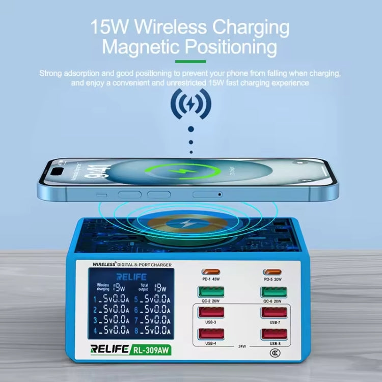 RELIFE RL-309AW  QC3.0 PD Fast Wireless Charger With LCD Display 8 Ports, RL-309AW  EU Plug������...