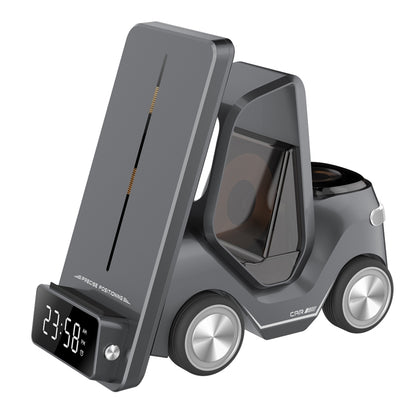 T20 5-in-1 Car-shaped Desktop Alarm Clock Wireless Charger with Atmosphere Light, White, Gray����...