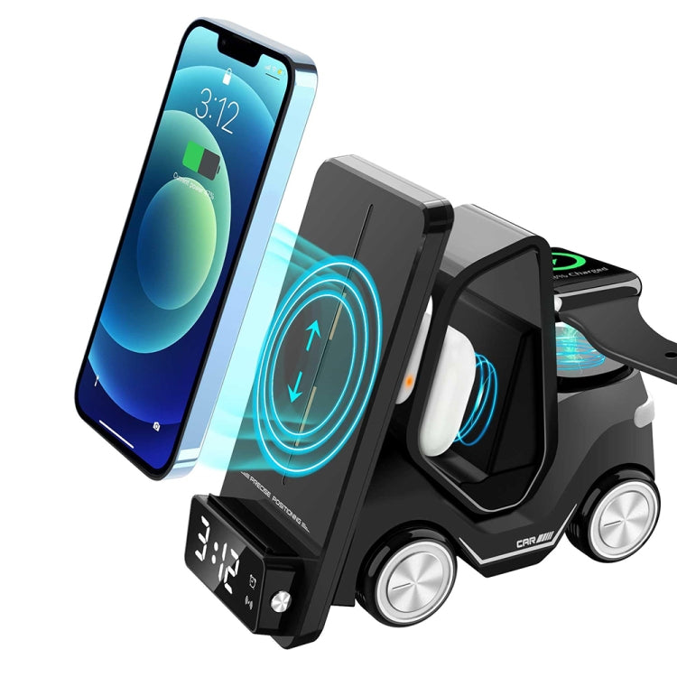 T20 5-in-1 Car-shaped Desktop Alarm Clock Wireless Charger with Atmosphere Light, White, Gray����...