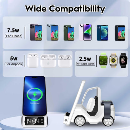 T20 5-in-1 Car-shaped Desktop Alarm Clock Wireless Charger with Atmosphere Light, White, Gray����...
