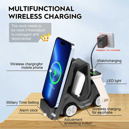 T20 5-in-1 Car-shaped Desktop Alarm Clock Wireless Charger with Atmosphere Light, White, Gray����...
