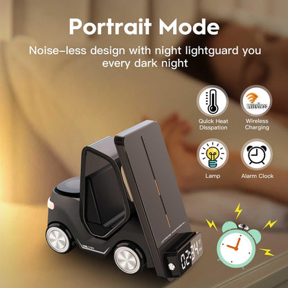 T20 5-in-1 Car-shaped Desktop Alarm Clock Wireless Charger with Atmosphere Light, White, Gray����...