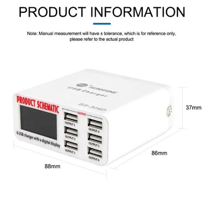 SUNSHINE SS-304D 6-Port USB Smart Charger Multi-Port Digital Display Fast Charging For Mobile Pho...