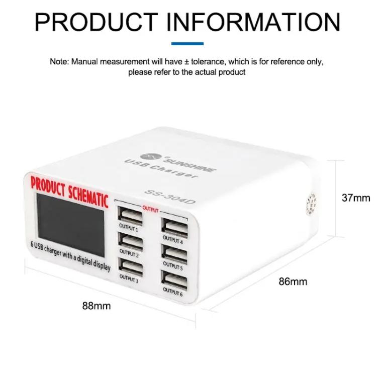 SUNSHINE SS-304D 6-Port USB Smart Charger Multi-Port Digital Display Fast Charging For Mobile Pho...