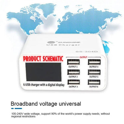 SUNSHINE SS-304D 6-Port USB Smart Charger Multi-Port Digital Display Fast Charging For Mobile Pho...