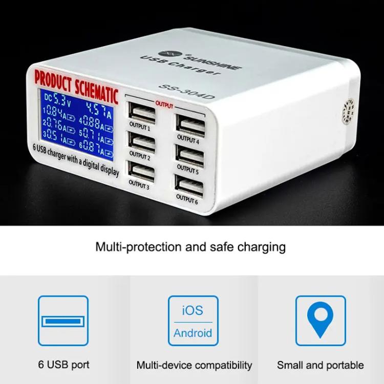 SUNSHINE SS-304D 6-Port USB Smart Charger Multi-Port Digital Display Fast Charging For Mobile Pho...