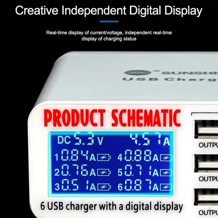 SUNSHINE SS-304D 6-Port USB Smart Charger Multi-Port Digital Display Fast Charging For Mobile Pho...