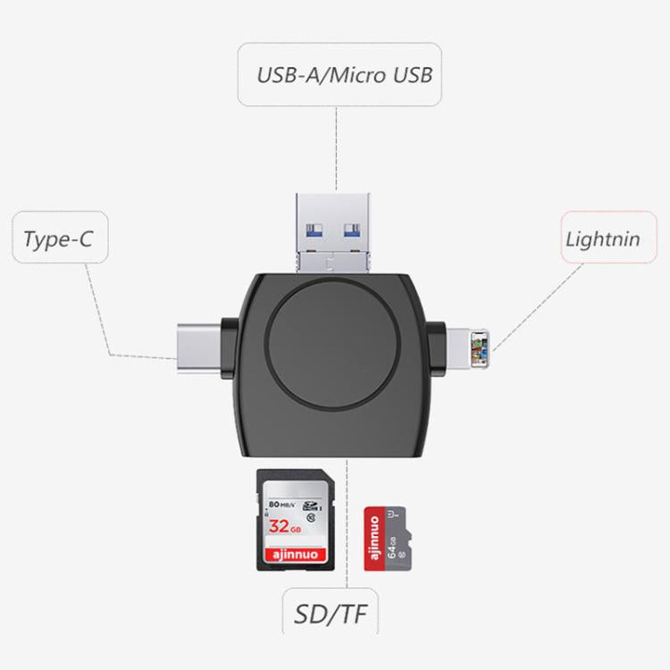 USB-A To USB-C / Type-C + Micro USB + 8 Pin 6-In-1 Round Multifunctional Card Reader