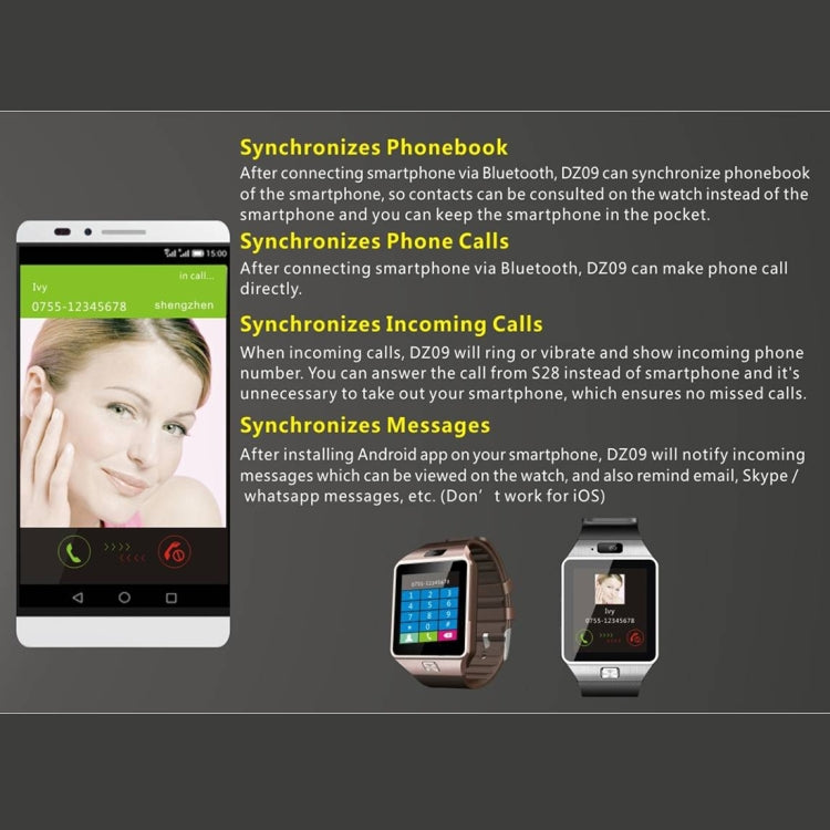 DZ09 1.56 inch Screen Bluetooth 3.0 Smart Watch Phone