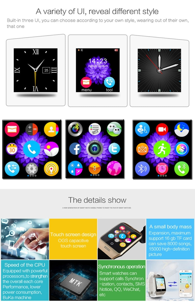 Q18S 1.54 inch IPS Screen MTK6260A Bluetooth 3.0 Smart Watch Phone, Pedometer / Sedentary Reminde...